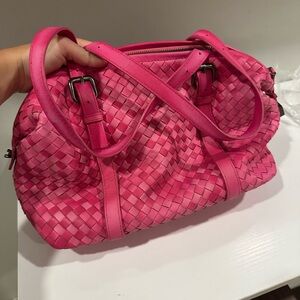 Bottega Veneta Montaigne Shoulder Satchel in Hot Pink Intrecciato Nappa
Leather